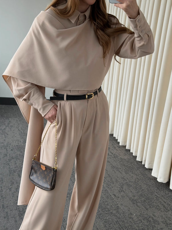 Bej Kemerli Şal Yaka Gömlek Pantolon Takım - 8004