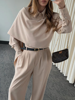 Bej Kemerli Şal Yaka Gömlek Pantolon Takım - 8004