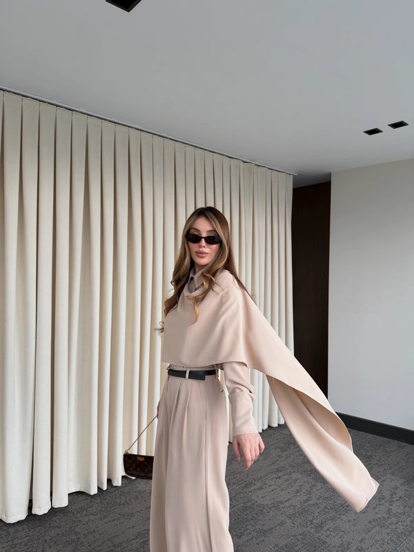 Bej Kemerli Şal Yaka Gömlek Pantolon Takım - 8004