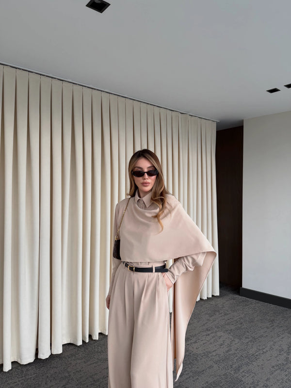 Bej Kemerli Şal Yaka Gömlek Pantolon Takım - 8004