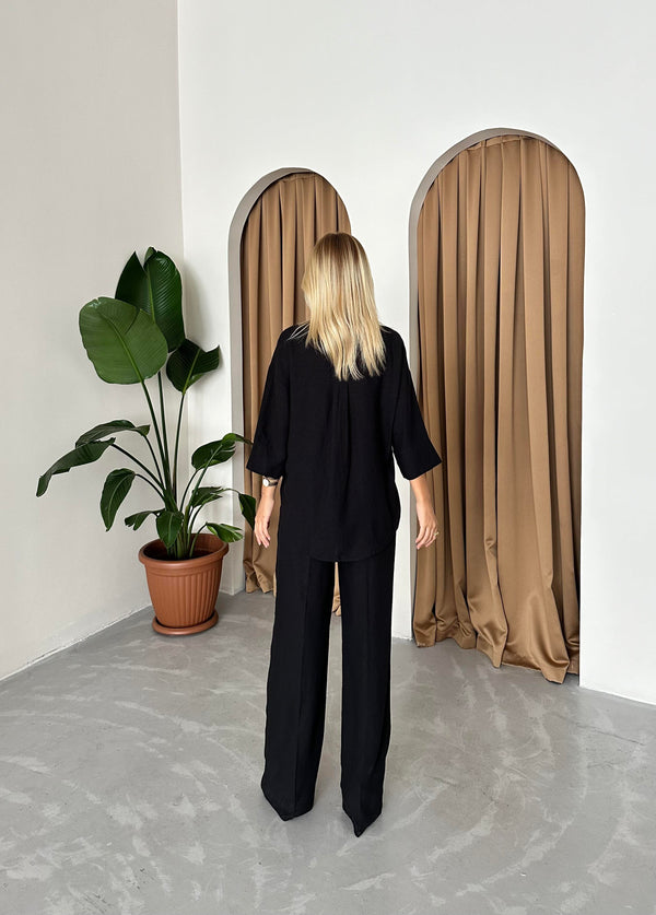 Siyah Keten Gömlek Pantolon İkili Takım