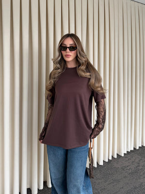 Kahverengi Kolları Dantelli Bluz - 1049
