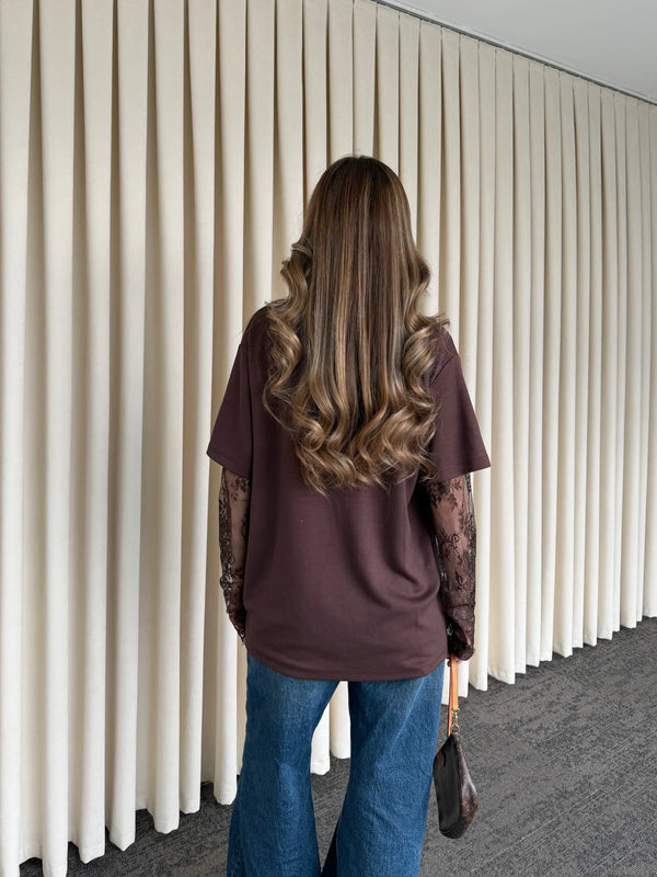 Kahverengi Kolları Dantelli Bluz - 1049