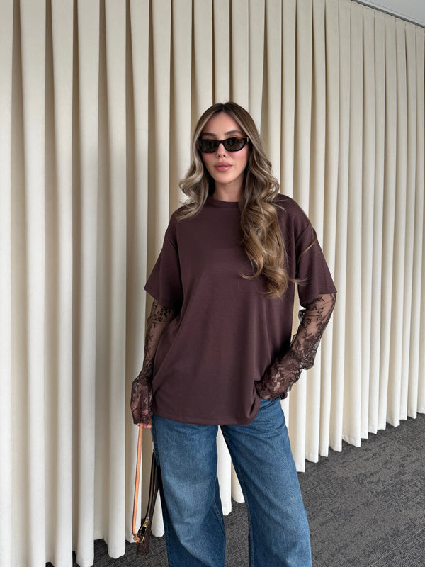 Kahverengi Kolları Dantelli Bluz - 1049