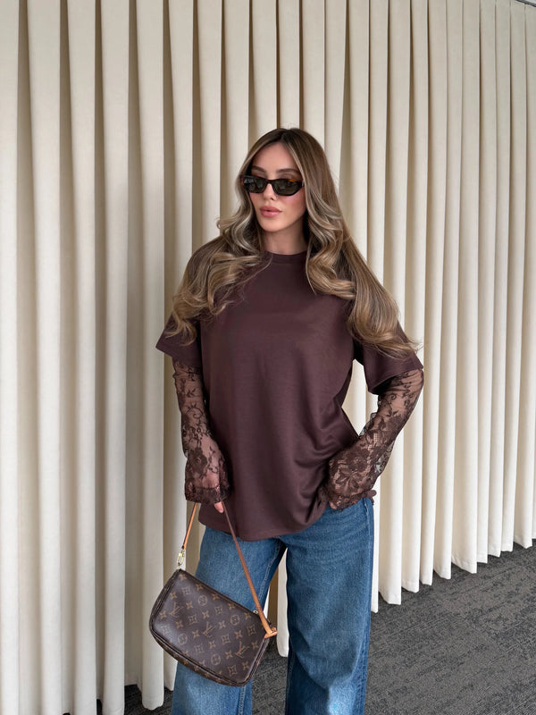 Kahverengi Kolları Dantelli Bluz - 1049