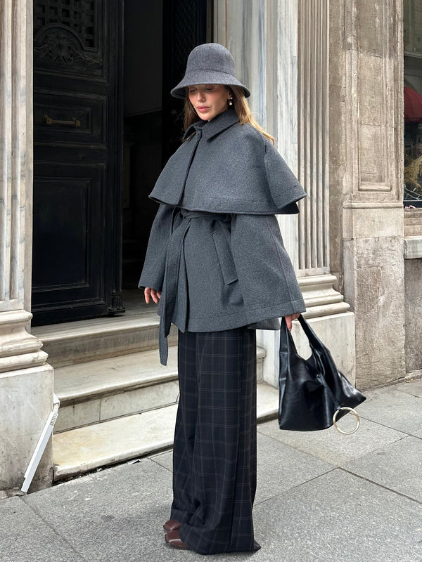 Antrasit Livia Pelerin Detaylı Kaşe Kaban