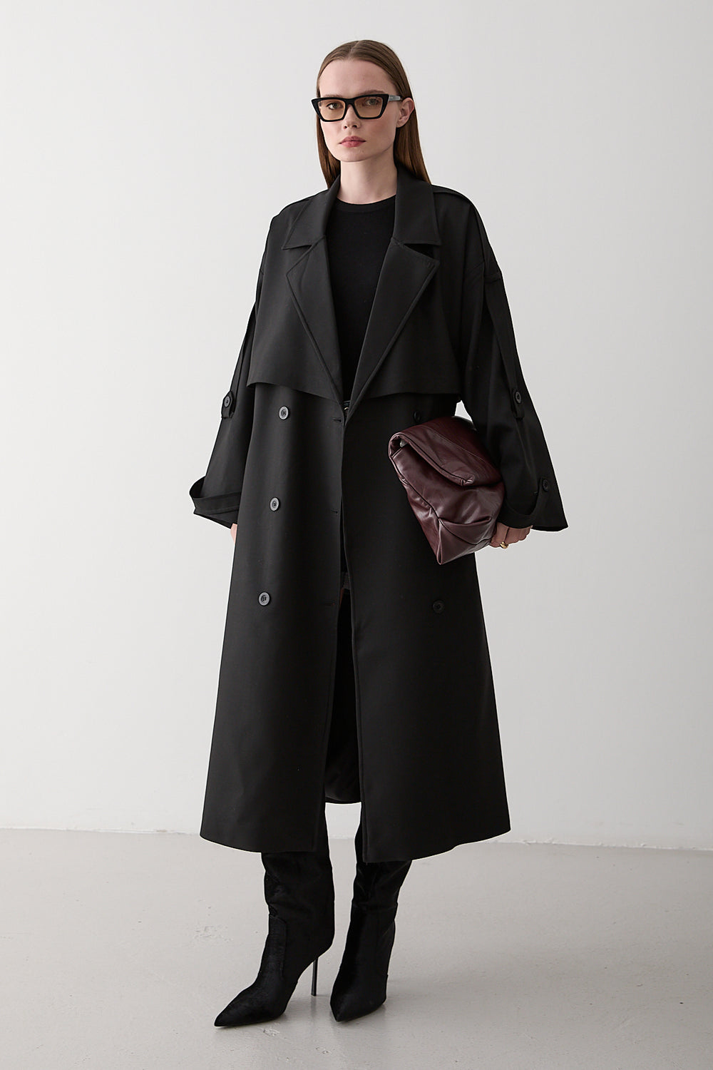 Siyah Lucky Düğme Detaylı Oversize Trençkot