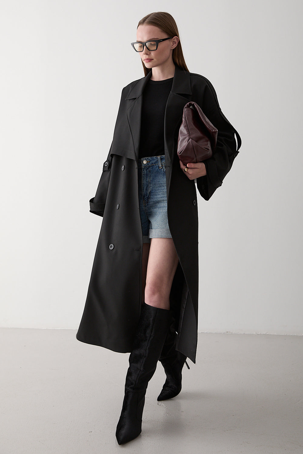 Siyah Lucky Düğme Detaylı Oversize Trençkot