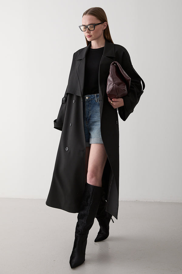 Siyah Lucky Düğme Detaylı Oversize Trençkot