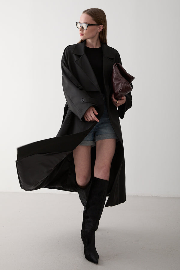 Siyah Lucky Düğme Detaylı Oversize Trençkot