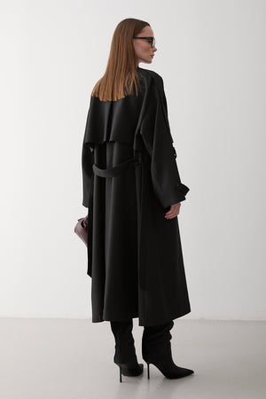 Siyah Lucky Düğme Detaylı Oversize Trençkot