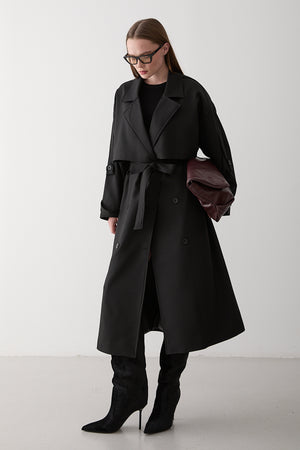 Siyah Lucky Düğme Detaylı Oversize Trençkot