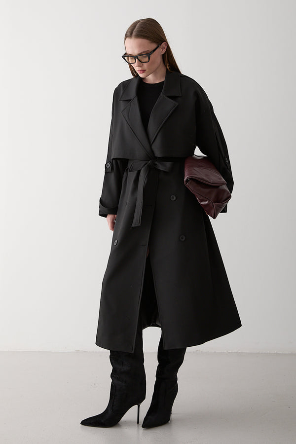 Siyah Lucky Düğme Detaylı Oversize Trençkot