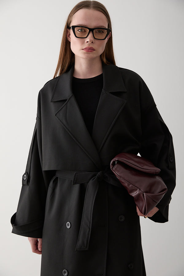 Siyah Lucky Düğme Detaylı Oversize Trençkot