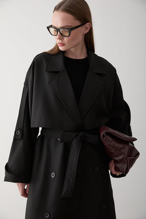 Siyah Lucky Düğme Detaylı Oversize Trençkot