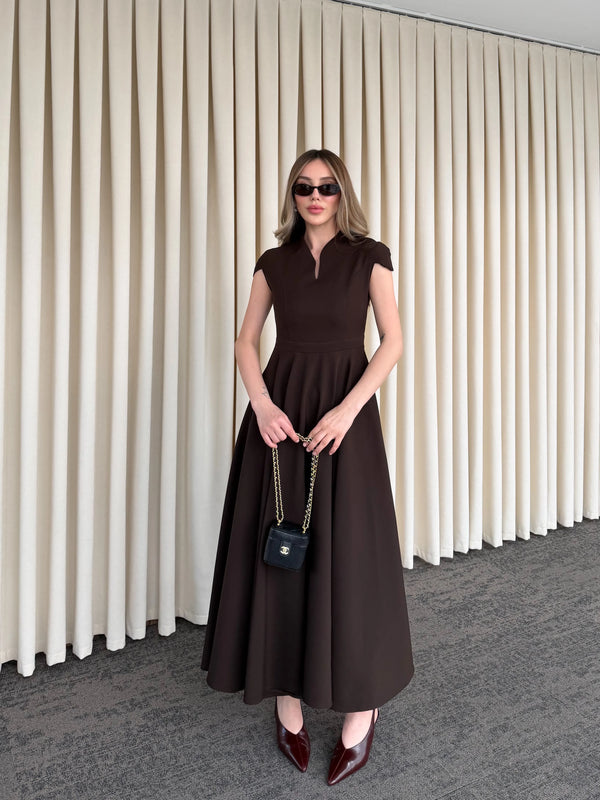 Kahverengi Mini V Yaka Elbise - 242480