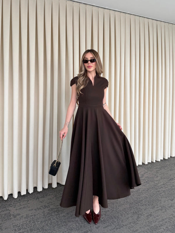 Kahverengi Mini V Yaka Elbise - 242480