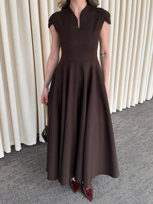 Kahverengi Mini V Yaka Elbise - 242480