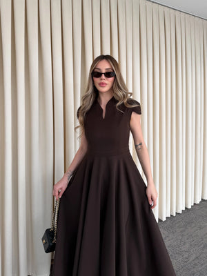 Kahverengi Mini V Yaka Elbise - 242480