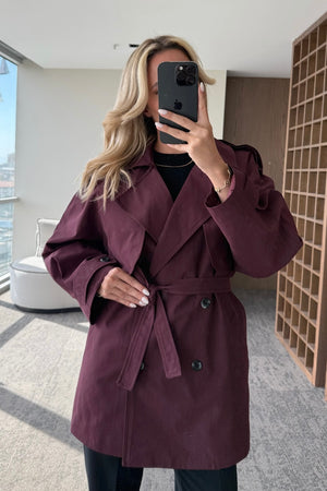 Bordo Miyabi Rüzgarlık Detaylı Kuşaklı Kısa Trençkot - 7556