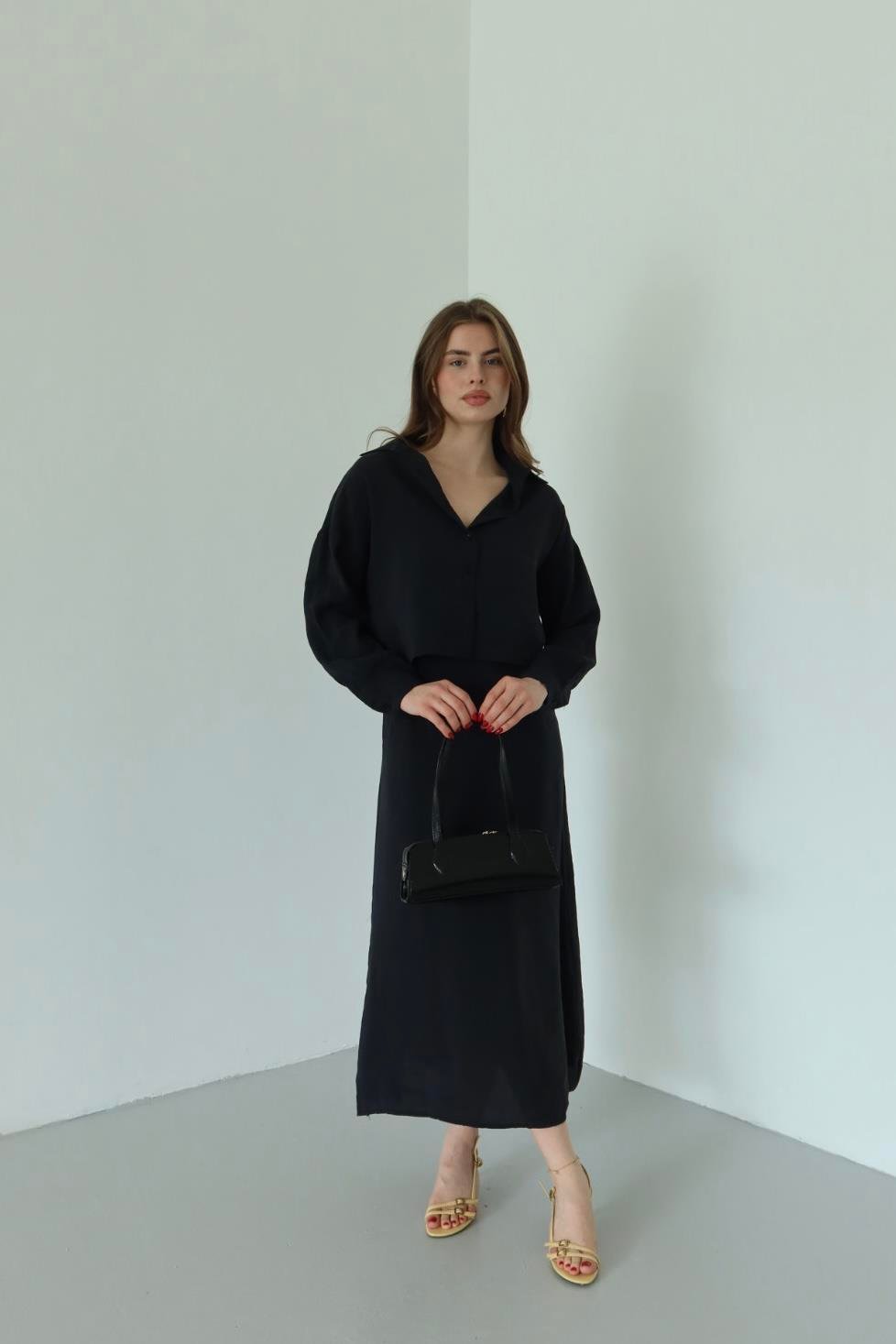 Siyah Modal Gömlek Elbise Takım