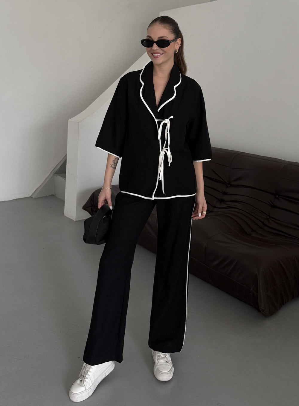 Siyah -Natural Biyeli Bluz Pantolon Takım