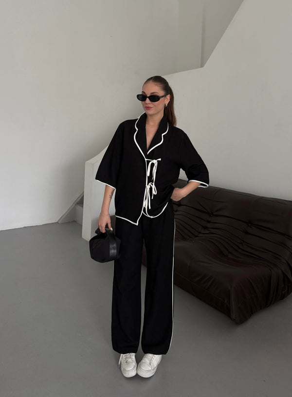 Siyah -Natural Biyeli Bluz Pantolon Takım