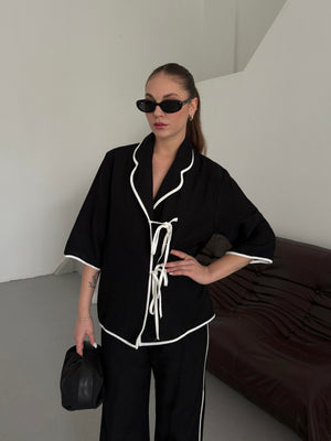 Siyah -Natural Biyeli Bluz Pantolon Takım