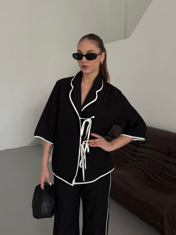 Siyah -Natural Biyeli Bluz Pantolon Takım