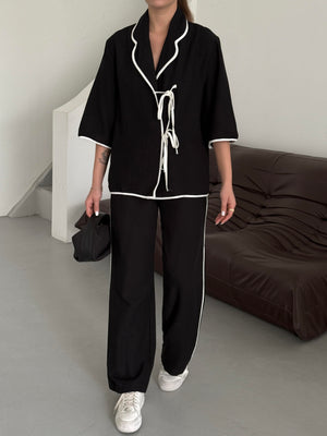 Siyah -Natural Biyeli Bluz Pantolon Takım