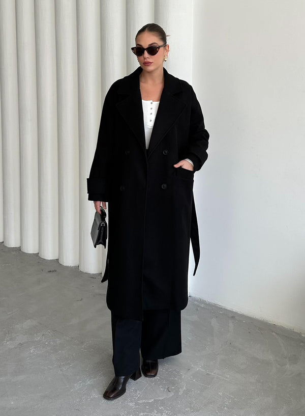 Siyah New Tokyo Uzun Kaşe Kaban