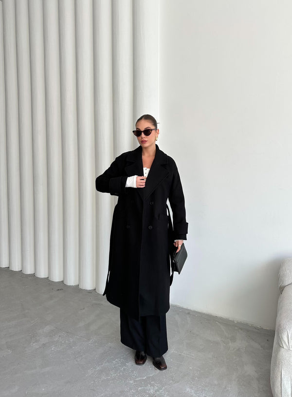 Siyah New Tokyo Uzun Kaşe Kaban