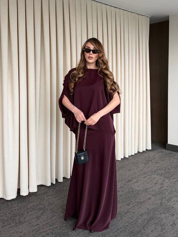 Mürdüm Omuz Drapeli Saten Bluz Etek Takım - 8005