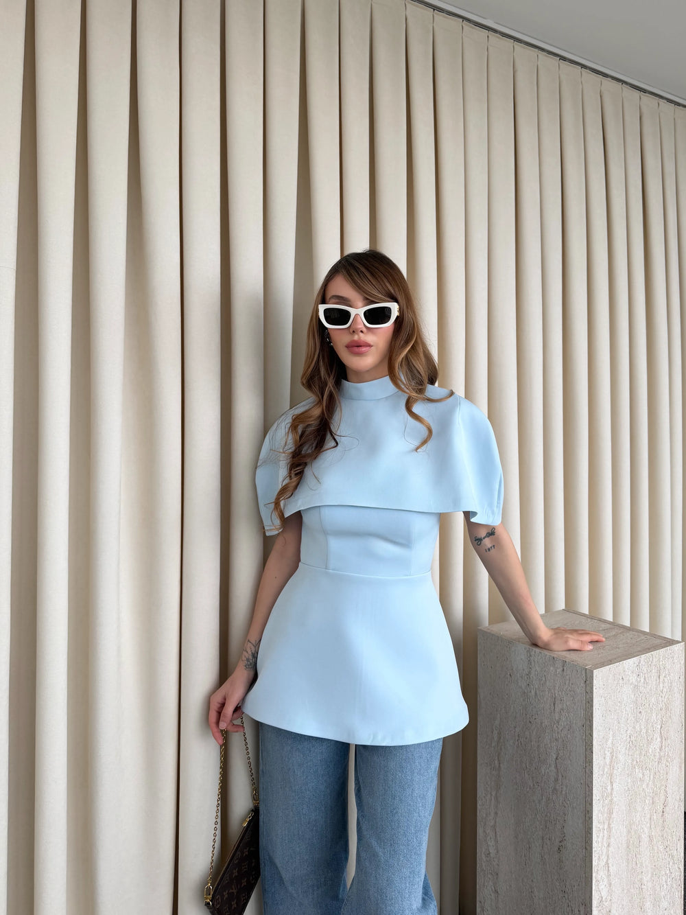 Mavi Pelerinli Straplez Bluz - 1101