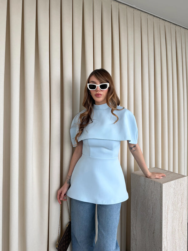 Mavi Pelerinli Straplez Bluz - 1101