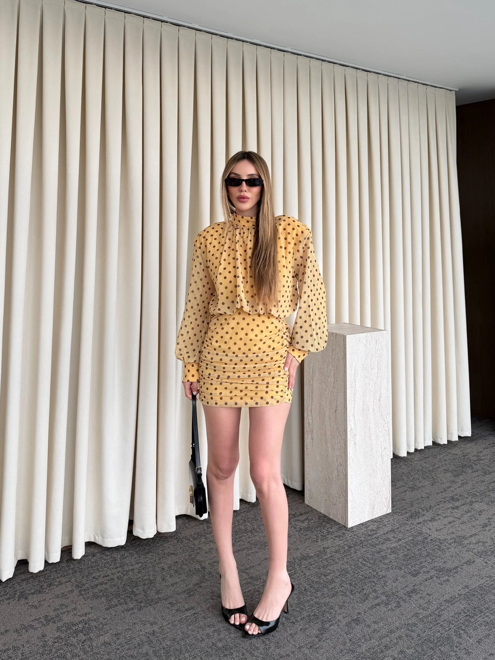 Sarı Puantiyeli Mini Elbise - 6261