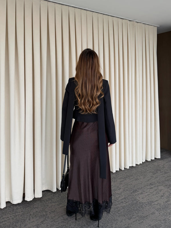 Kahverengi Puantiyeli Saten Etek Ucu Dantelli Etek - 50228