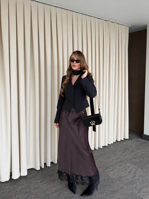 Kahverengi Puantiyeli Saten Etek Ucu Dantelli Etek - 50228