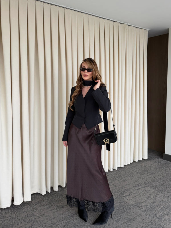 Kahverengi Puantiyeli Saten Etek Ucu Dantelli Etek - 50228