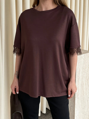Kahverengi Sırt Dantel Detaylı Tshirt - 1073