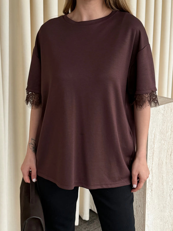 Kahverengi Sırt Dantel Detaylı Tshirt - 1073