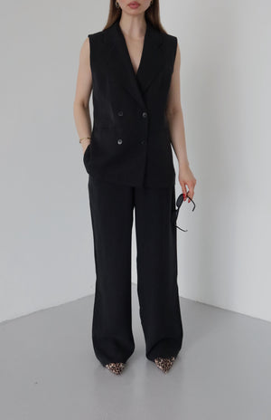Siyah Siyah Düğmeli Yelek Pantolon Takım