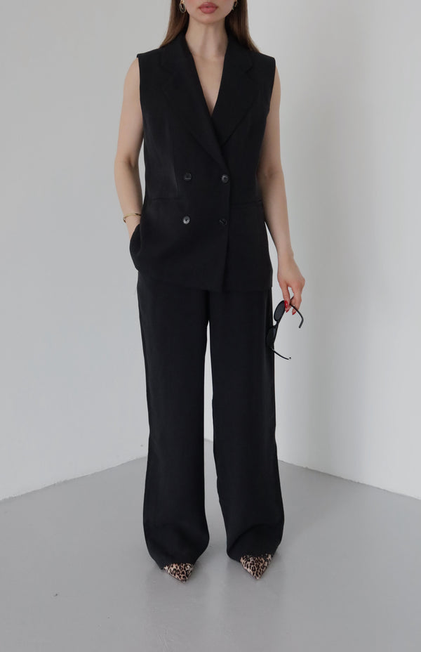 Siyah Siyah Düğmeli Yelek Pantolon Takım