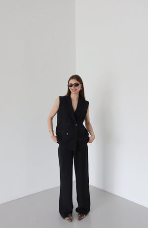 Siyah Siyah Düğmeli Yelek Pantolon Takım