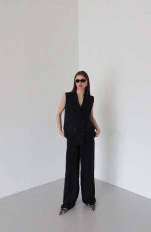 Siyah Siyah Düğmeli Yelek Pantolon Takım