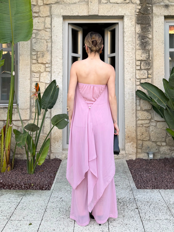 Pembe Straplez Şifon İkili Plaj Takım - 1437