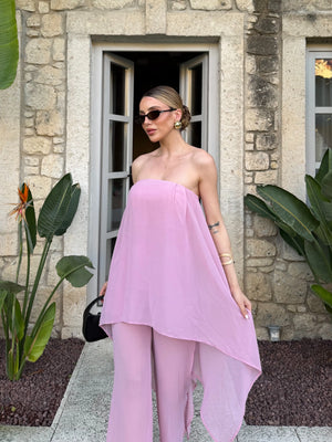 Pembe Straplez Şifon İkili Plaj Takım - 1437