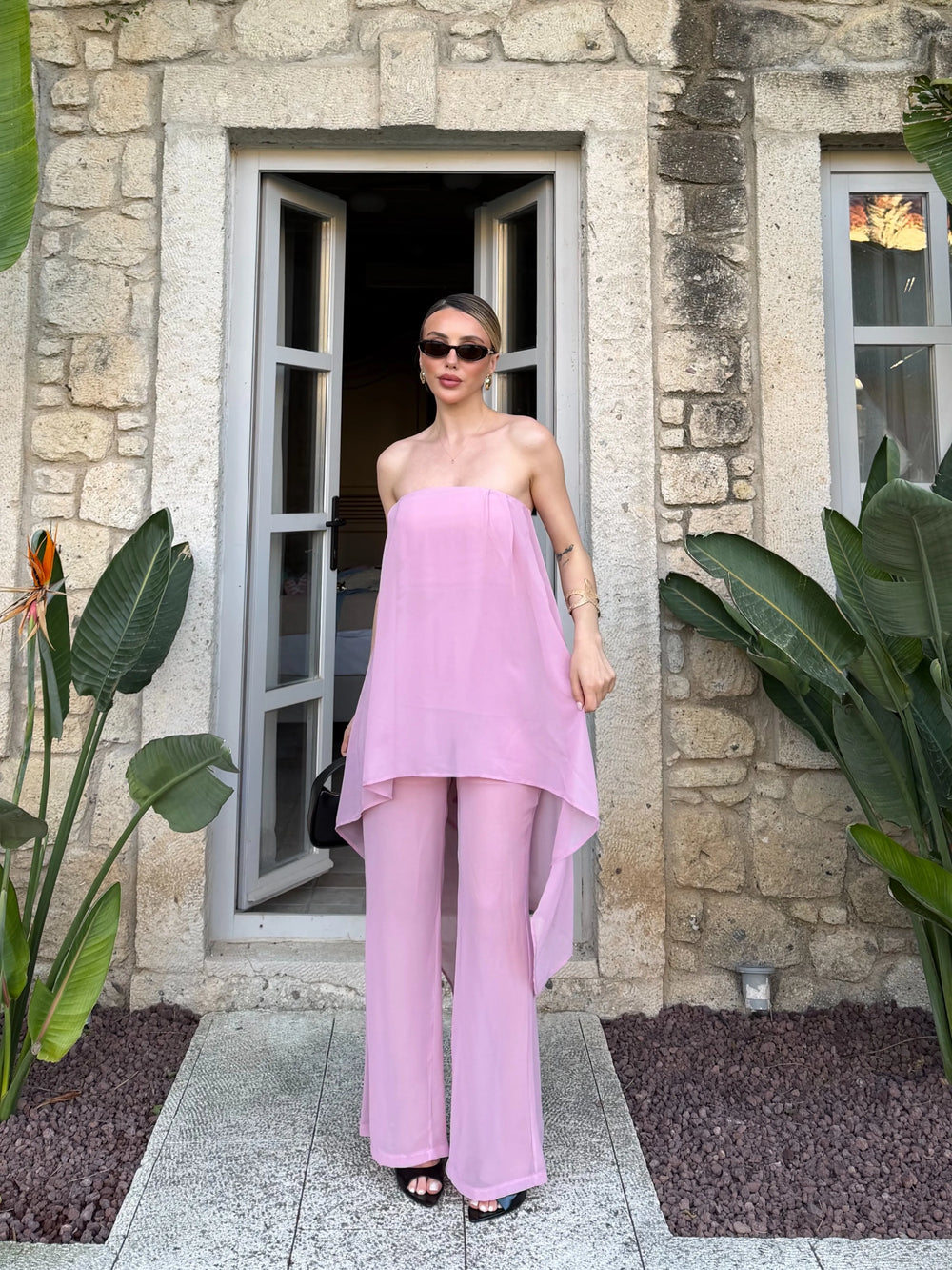 Pembe Straplez Şifon İkili Plaj Takım - 1437