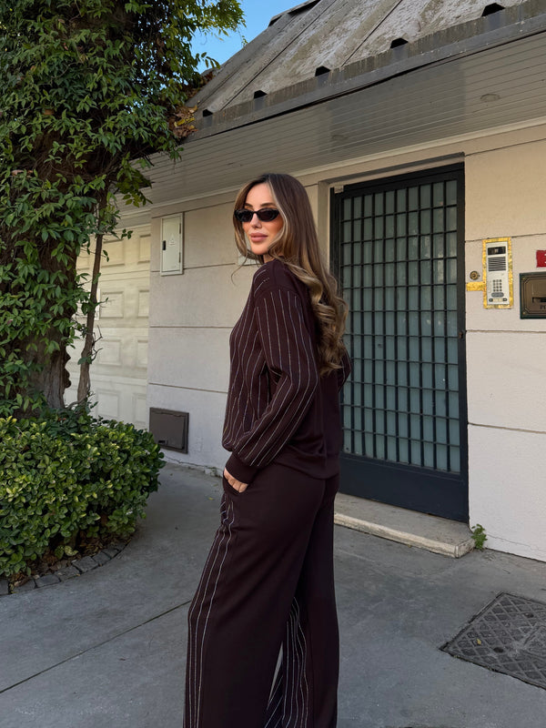 Kahverengi Taşlı Bluz Pantolon Takım - 0766