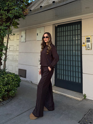 Kahverengi Taşlı Bluz Pantolon Takım - 0766